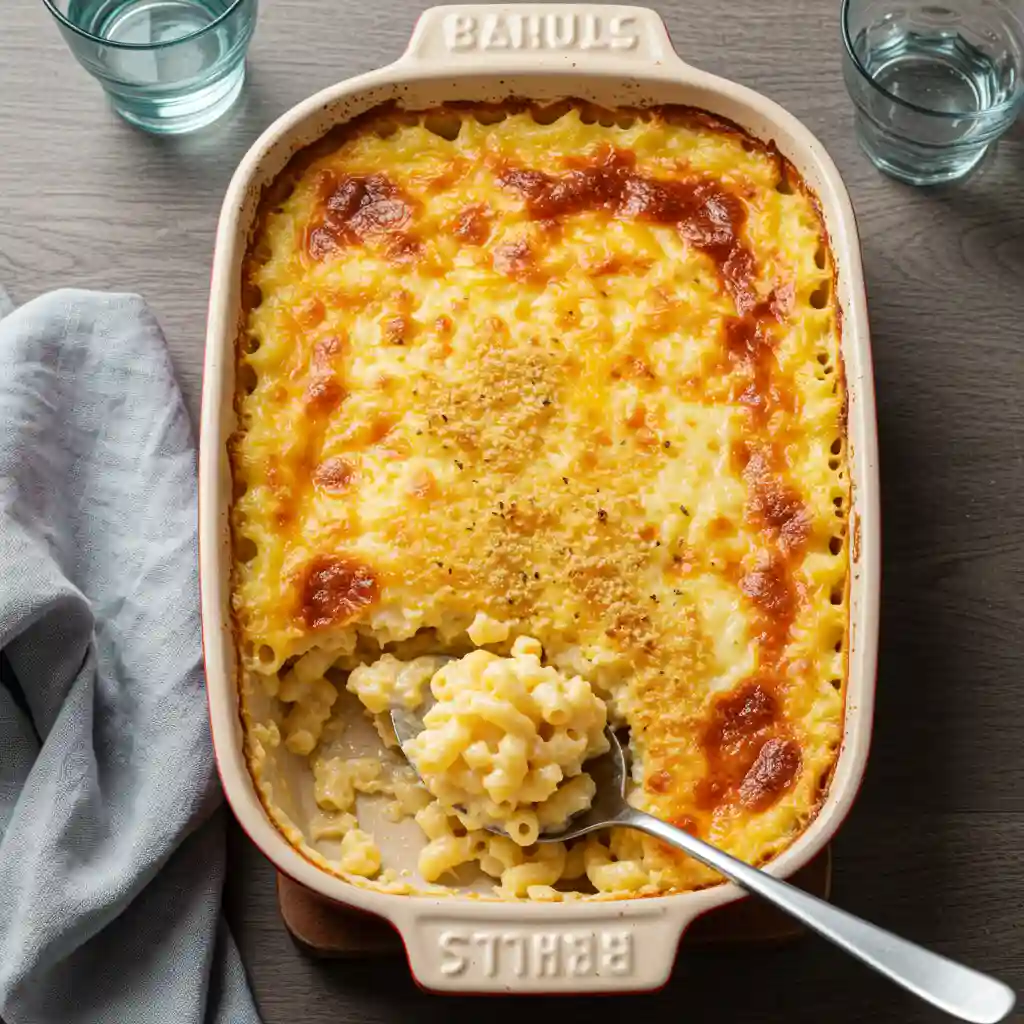 A serving of old fashioned baked macaroni and cheese in a baking dish on a kitchen table, garnished with fresh parsley.