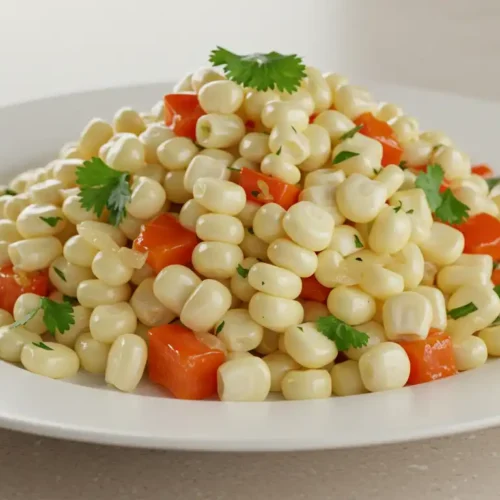 Homemade plate of sweet and savory white corn served on a kitchen counter, garnished with fresh herbs.