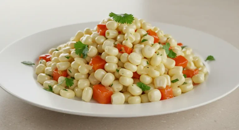 Homemade plate of sweet and savory white corn served on a kitchen counter, garnished with fresh herbs.