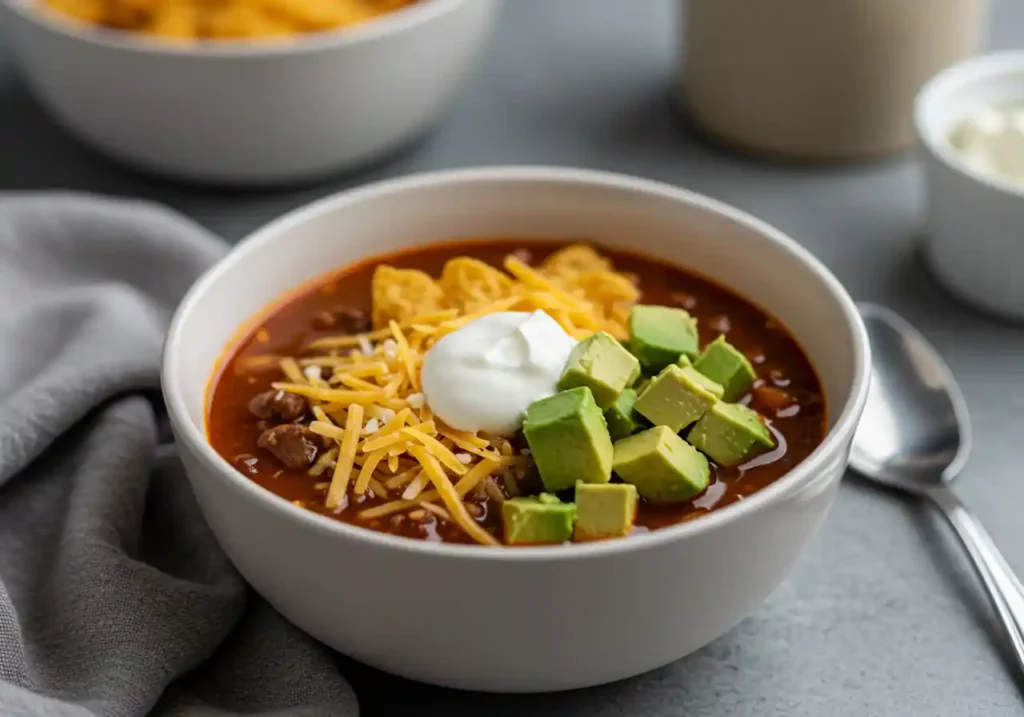 A bowl of taco soup frios recipe with Fritos, cheese, sour cream, and avocado on a kitchen table.