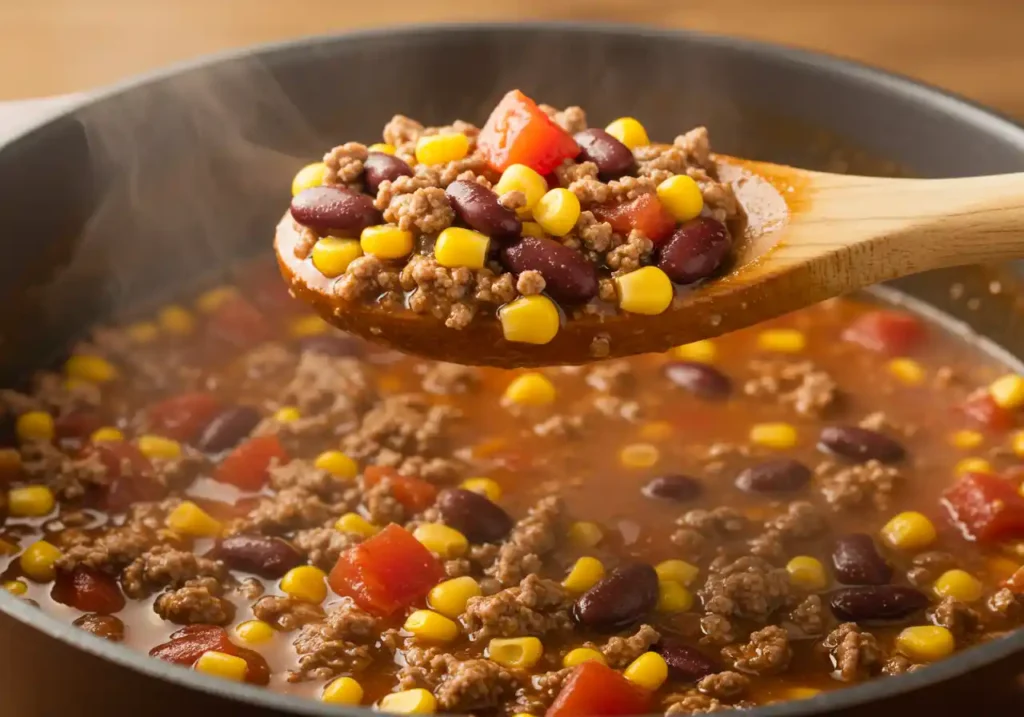 combining ingredients of taco soup, simmering soup, and topping with Fritos and cheese.