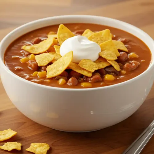 Homemade taco soup frios recipe topped with Fritos, cheese, and sour cream in a bowl on a rustic kitchen counter.