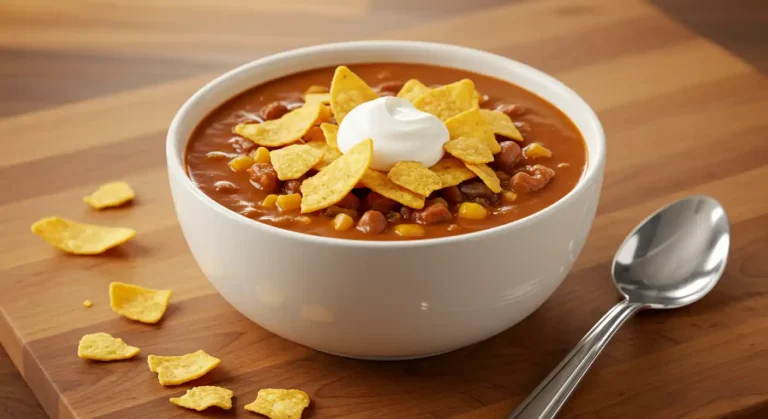 Homemade taco soup frios recipe topped with Fritos, cheese, and sour cream in a bowl on a rustic kitchen counter.