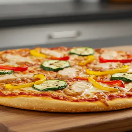 Fresh pizza made with Trader Joe’s pizza dough, topped with mozzarella and basil on a modern kitchen countertop.