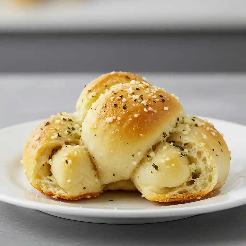 Freshly baked garlic knot made with Trader Joe’s Garlic & Herb pizza dough, served on a minimalist white plate.