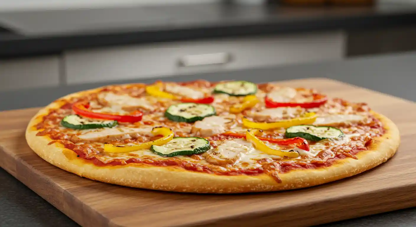 Fresh pizza made with Trader Joe’s pizza dough, topped with mozzarella and basil on a modern kitchen countertop.