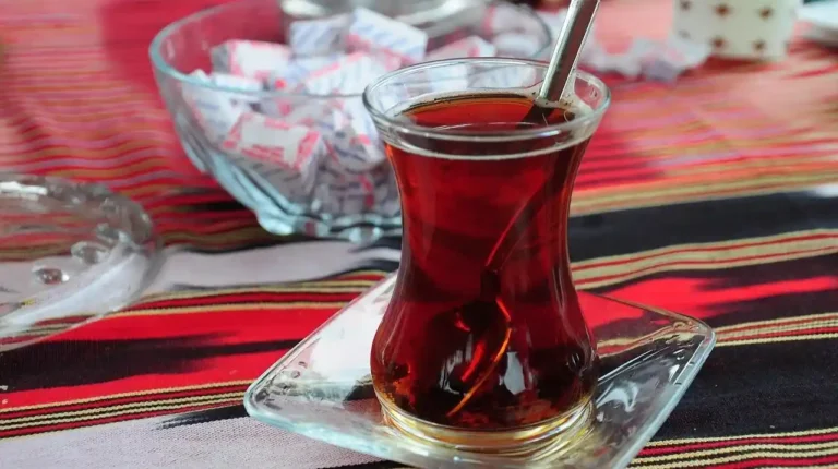 Traditional tulip-shaped glass of Turkish tea