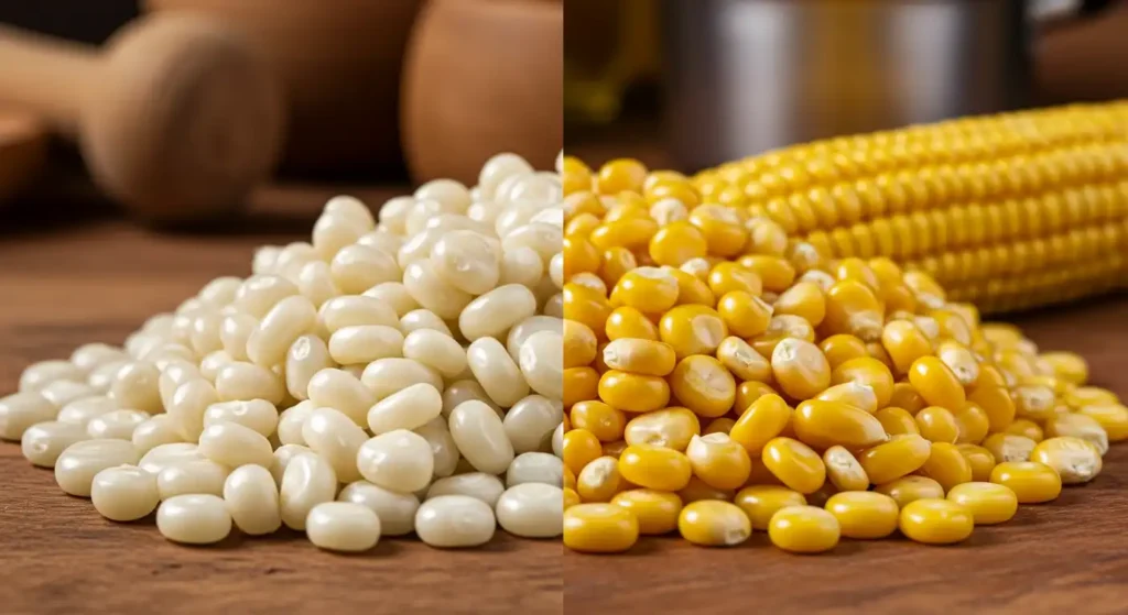 A side-by-side comparison of white and yellow corn kernels, highlighting the difference in color and texture.