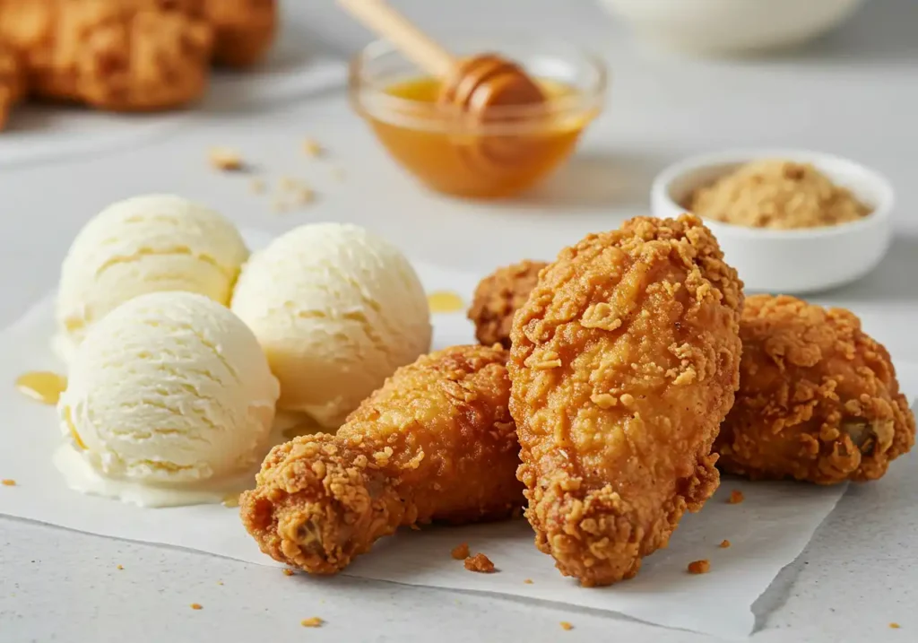 Fried chicken paired with vanilla ice cream and toppings on a kitchen table.
