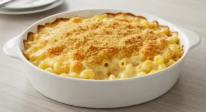 A golden, bubbly dish of old fashioned baked macaroni and cheese in a white ceramic baking dish on a rustic kitchen table."