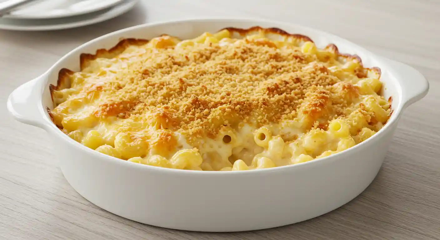 A golden, bubbly dish of old fashioned baked macaroni and cheese in a white ceramic baking dish on a rustic kitchen table."