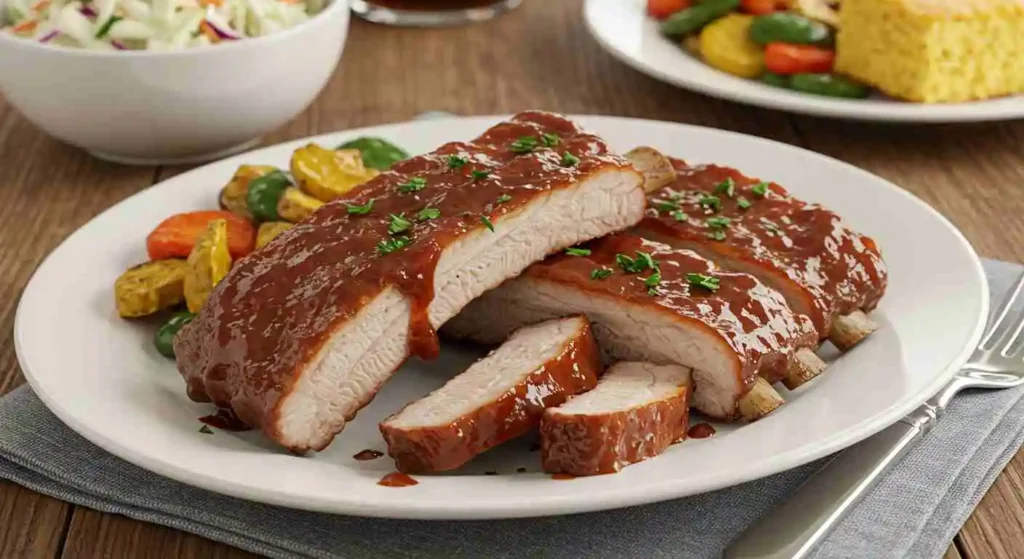 A plate of BBQ-glazed turkey ribs garnished with parsley, served with creamy coleslaw, roasted vegetables, and cornbread on a rustic wooden table, accompanied by a glass of iced tea.