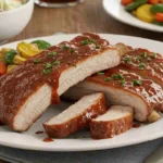 A plate of tender turkey ribs glazed with BBQ sauce, garnished with parsley, served alongside creamy coleslaw, roasted vegetables, and cornbread on a rustic wooden table.