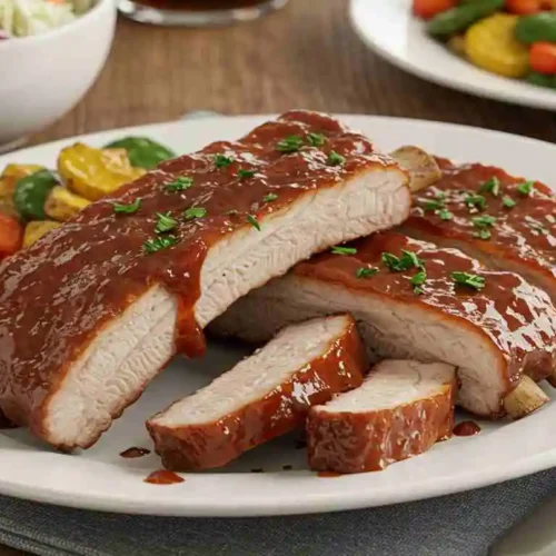 A plate of tender turkey ribs glazed with BBQ sauce, garnished with parsley, served alongside creamy coleslaw, roasted vegetables, and cornbread on a rustic wooden table.