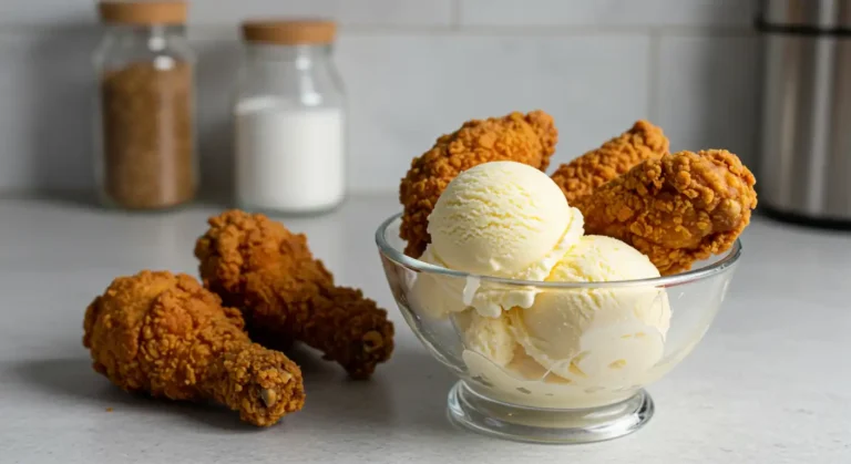 Homemade fried chicken ice cream dessert on a clean kitchen counter.