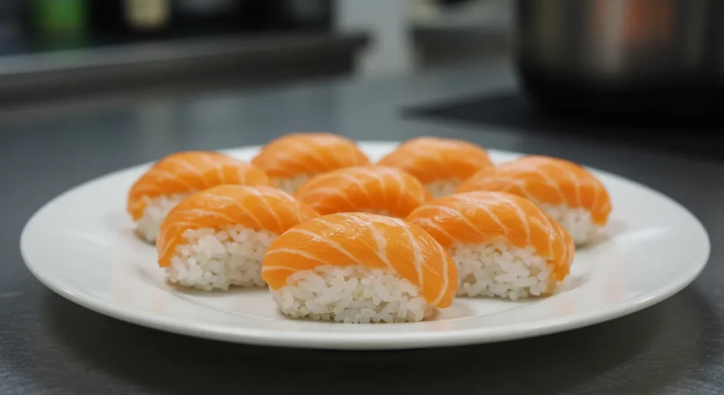 Low sodium sushi meal recipes featuring salmon and brown rice nigiri, served on a kitchen counter with fresh ingredients.