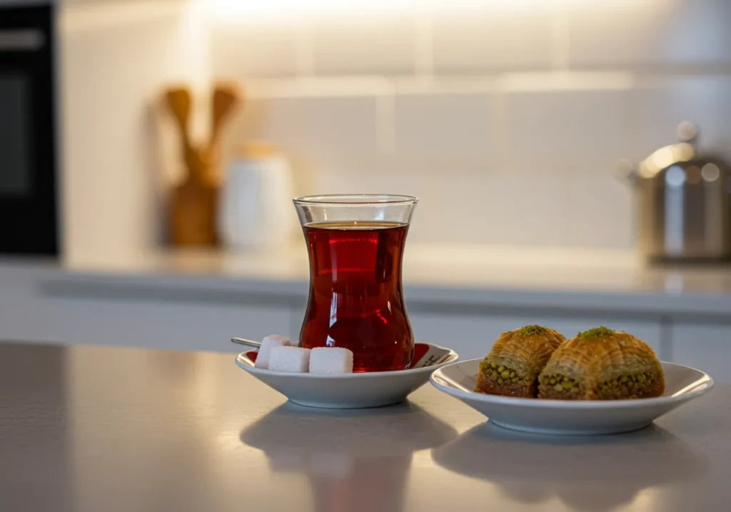 Turkish tea served with baklava and sugar cubes on a kitchen counter.