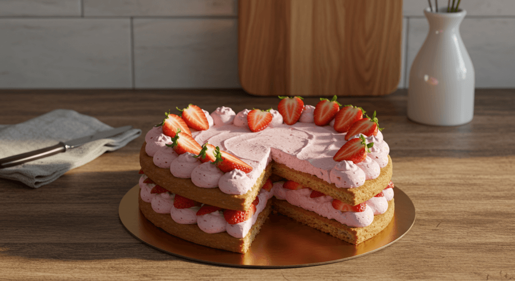 heart cake dessert with pink buttercream frosting and fresh strawberries.