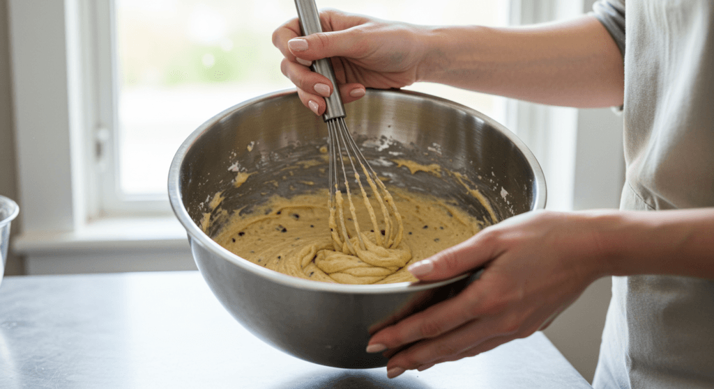 Hands mixing the dough for heart cake dessert in a bowl, with a heart-shaped cake pan nearby.