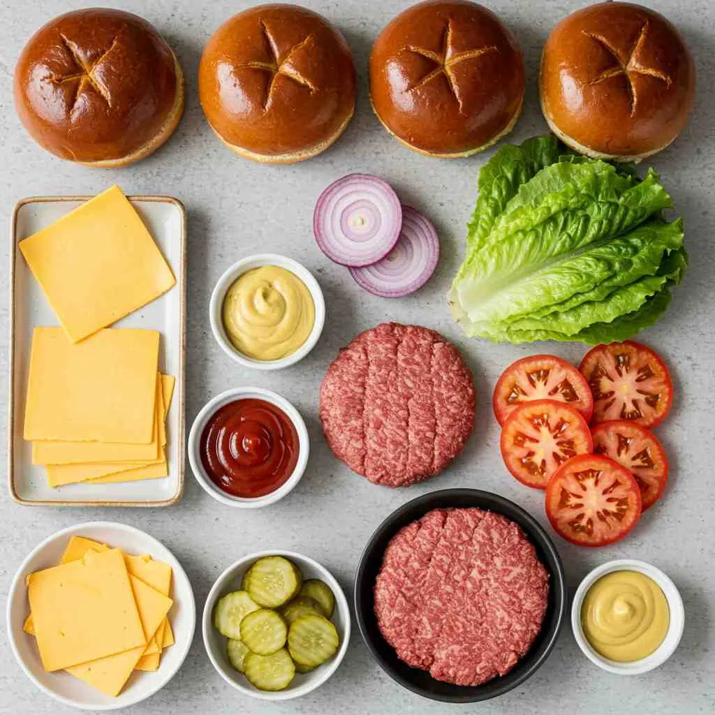 Ingredients for Wagyu beef burgers, including Wagyu patties, brioche buns, cheddar cheese, lettuce, tomato, onion, pickles, and condiments.