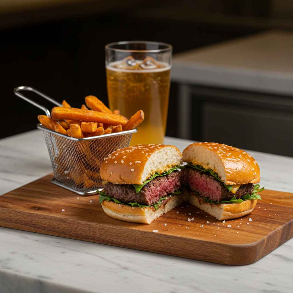 Wagyu beef burger served on a wooden board with a side of sweet potato fries and a glass of iced tea.