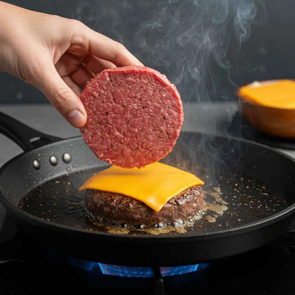 Hand placing a seasoned Wagyu beef patty onto a hot grill, with smoke rising and a slice of cheddar cheese nearby.