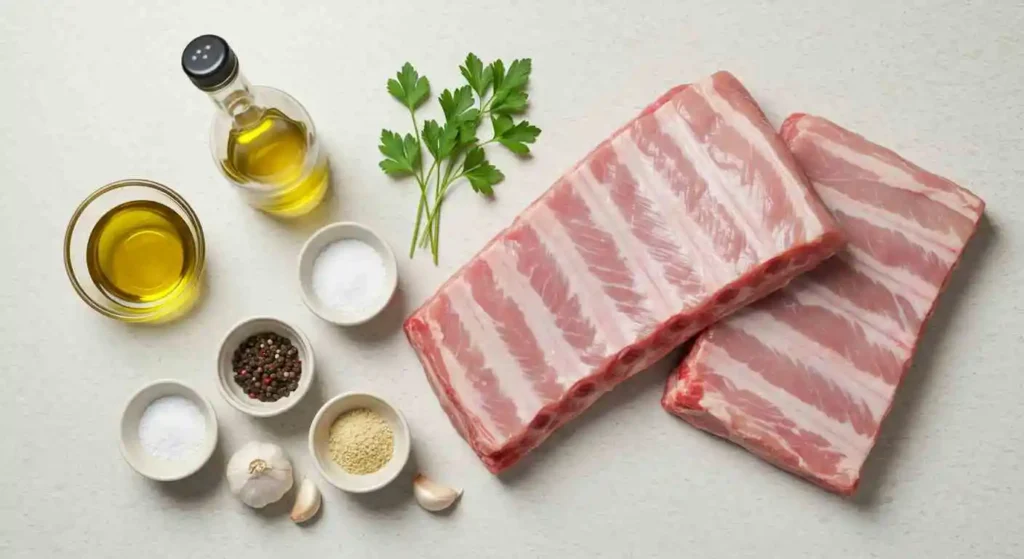 A clean kitchen countertop with raw turkey ribs, olive oil, small bowls of salt, black pepper, smoked paprika, garlic powder, and fresh parsley arranged neatly.