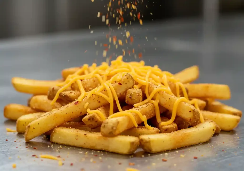 Seasoning crispy fries with Cajun seasoning and melted cheese