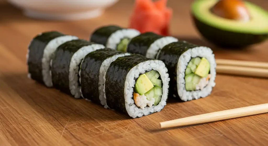 Homemade low sodium sushi meal recipes featuring avocado and cucumber, neatly arranged on a wooden kitchen table.