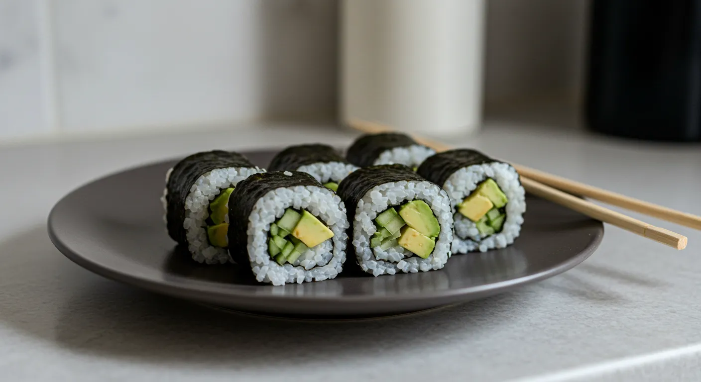 Low sodium sushi rolls with avocado and cucumber served on a kitchen counter.