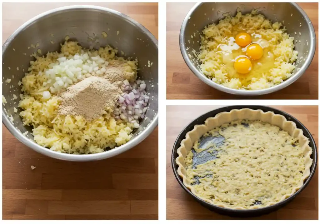 Grated potatoes, onions, eggs, and matzo meal mixed in a bowl for Passover potato pie.