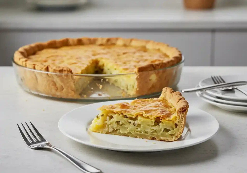 Slice of Passover potato pie served on a white plate with fresh parsley garnish.