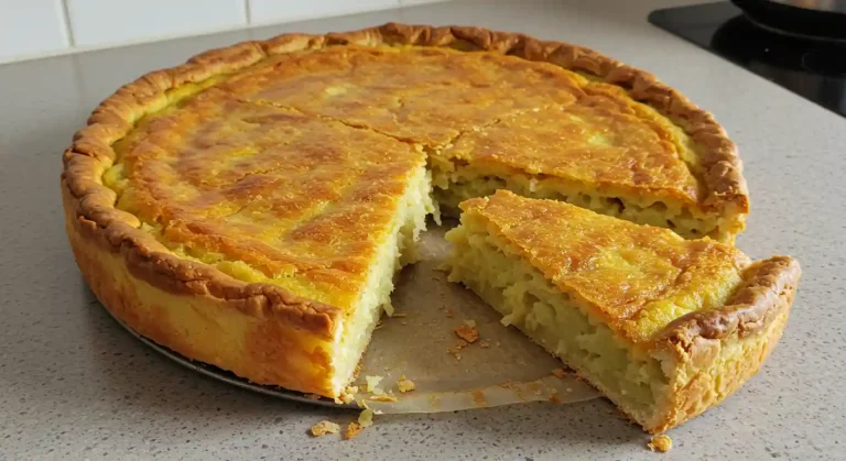 Golden-brown Passover potato pie fresh out of the oven, sliced to show tender interior.