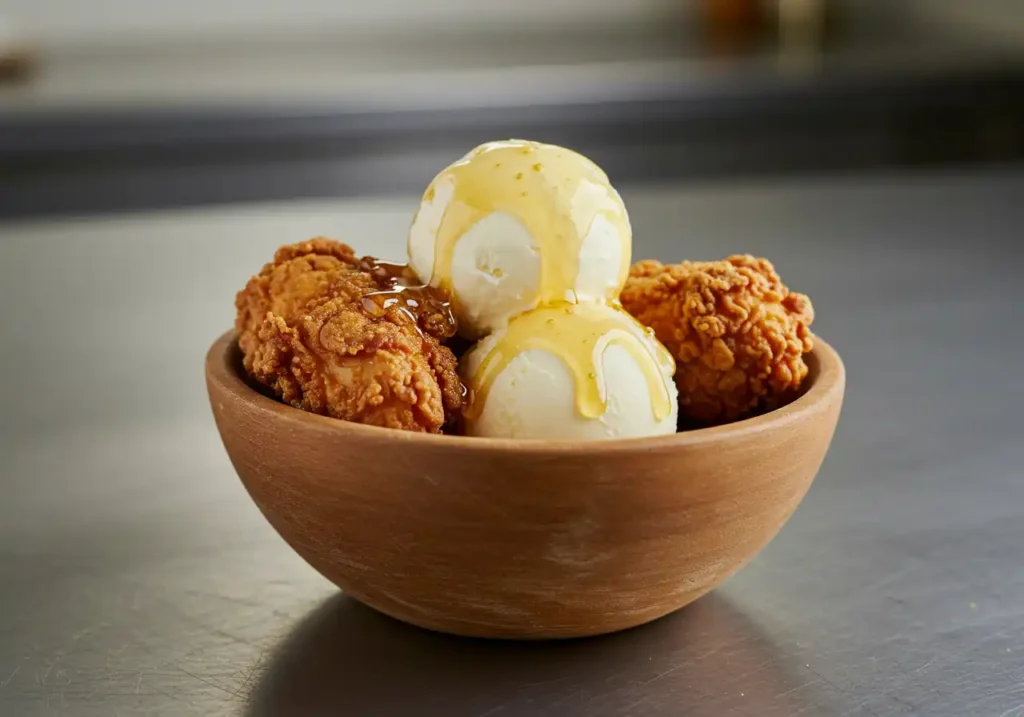 Fried chicken ice cream dessert served in a rustic bowl with honey and mint garnish.