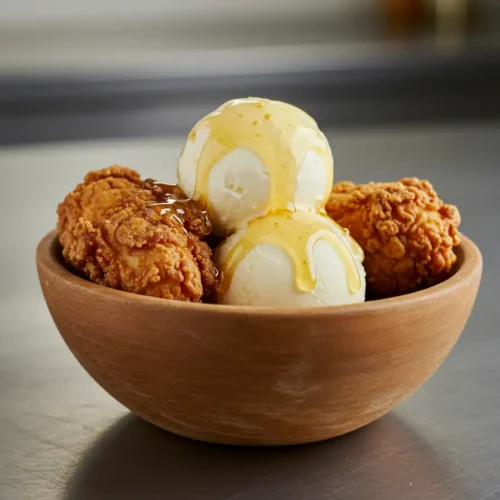 Fried chicken ice cream dessert served in a rustic bowl with honey and mint garnish.