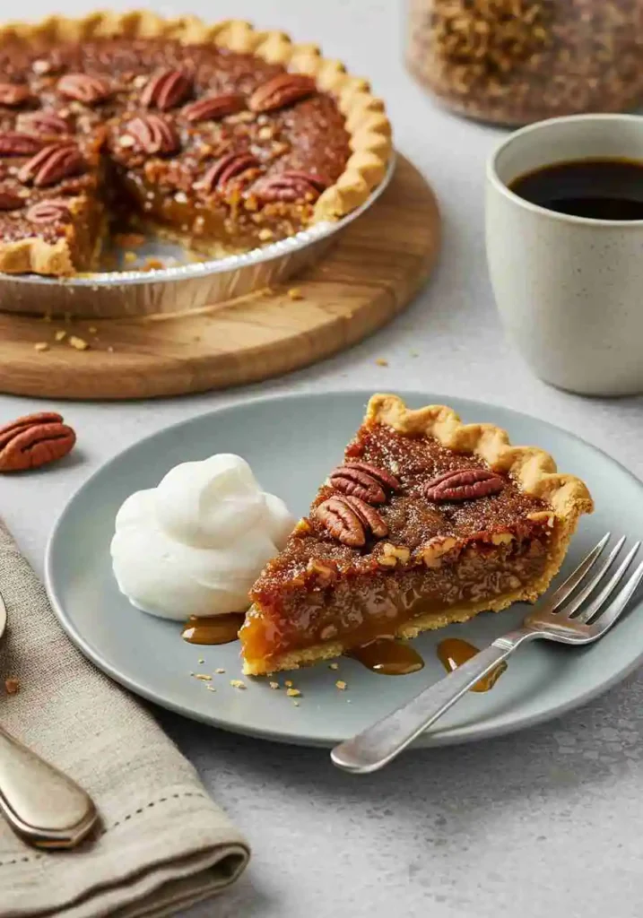 A slice of Edwards caramel pecan pie on a plate, garnished with whipped cream.