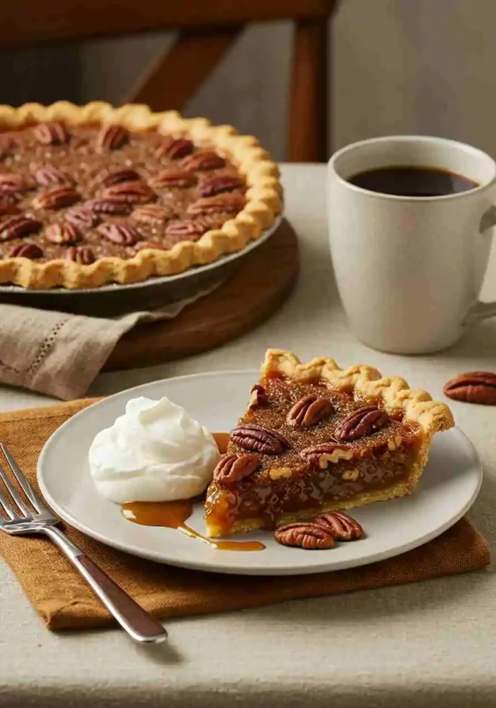 A slice of Edwards caramel pecan pie on a plate, garnished with whipped cream, accompanied with a cup of coffee.