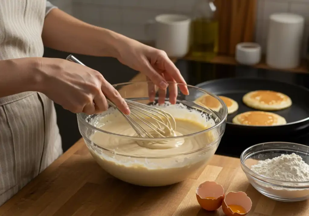 Hands mixing pancake batter in a bowl with ingredients on the counter.