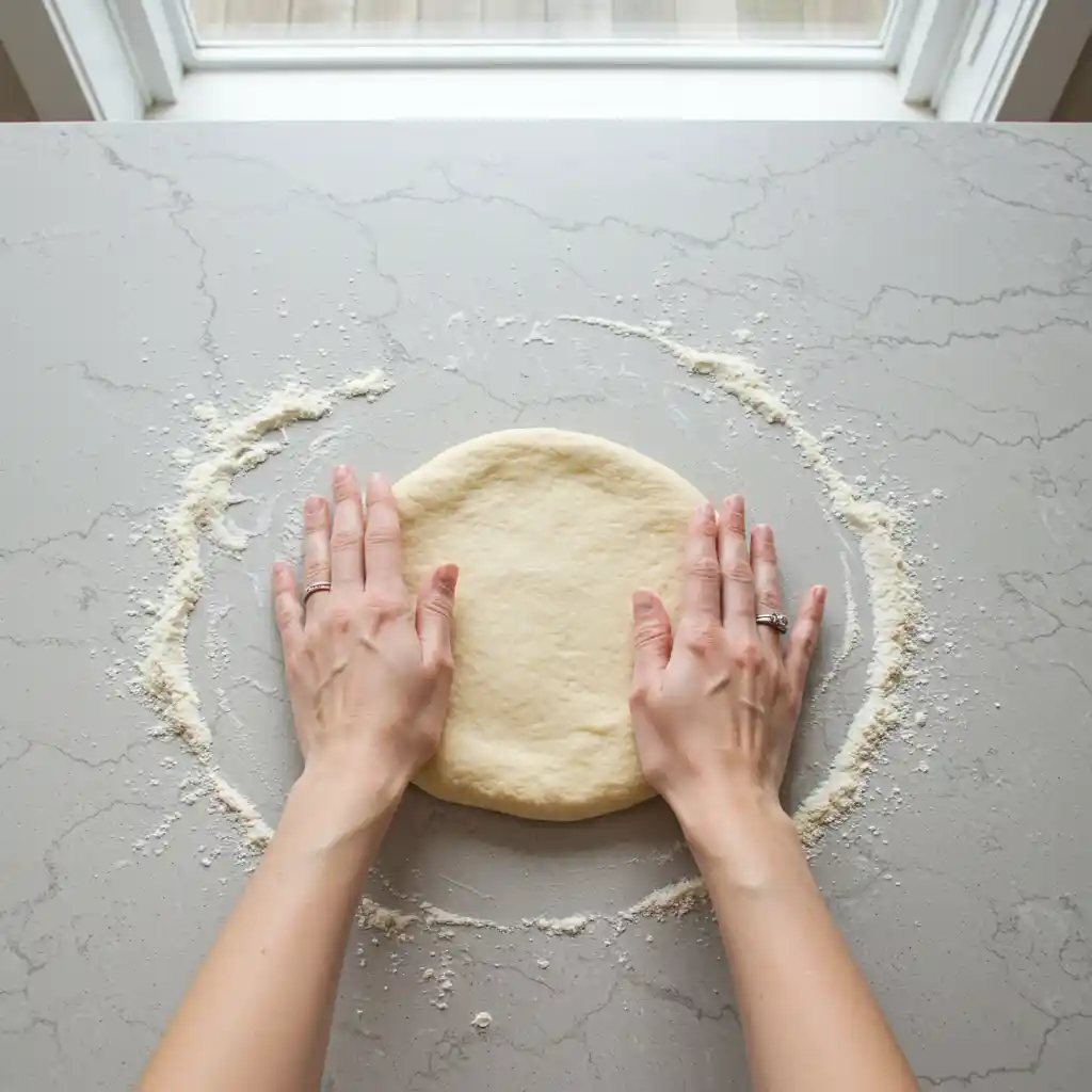 Stretching trader Joe’s pizza dough on a modern kitchen counter to prepare for pizza-making.