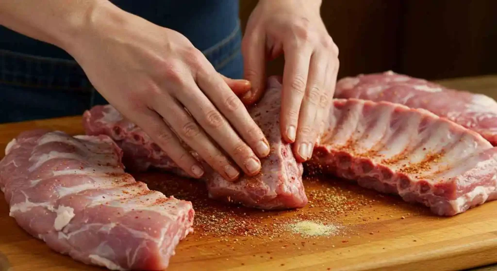 A person’s hands rubbing olive oil on raw turkey ribs, with a bowl of seasoning mix nearby. The background shows a preheating oven or ready grill, with tongs and a basting brush on the counter.