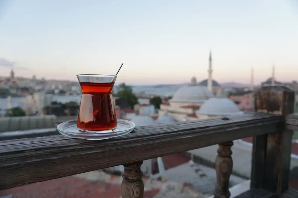 Turkish tea served on a balcony. 