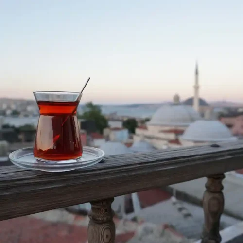 Turkish tea served on a balcony.