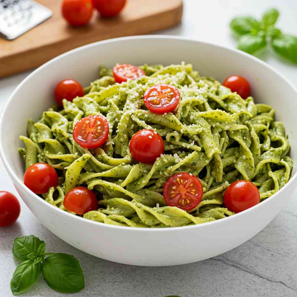 A bowl of gluten-free egg noodles tossed in pesto sauce, topped with cherry tomatoes and Parmesan, on a kitchen counter.