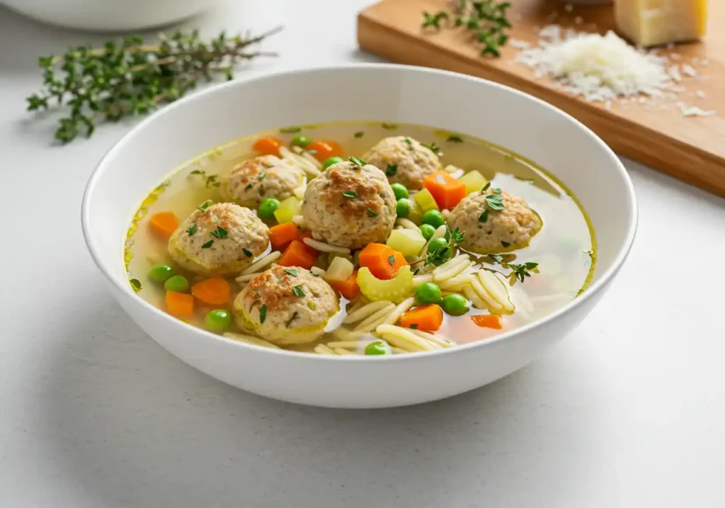 Bowl of Chickarina Soup garnished with parsley and Parmesan cheese on a kitchen table.