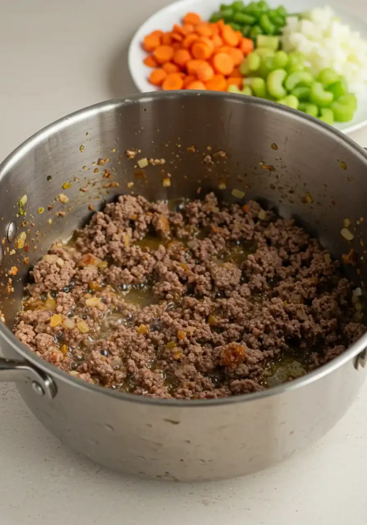 A pot on a neat countertop, featuring ground beef sizzling to create a golden-brown crust, alongside a plate with chopped onions, carrots, and celery, without any distractions.