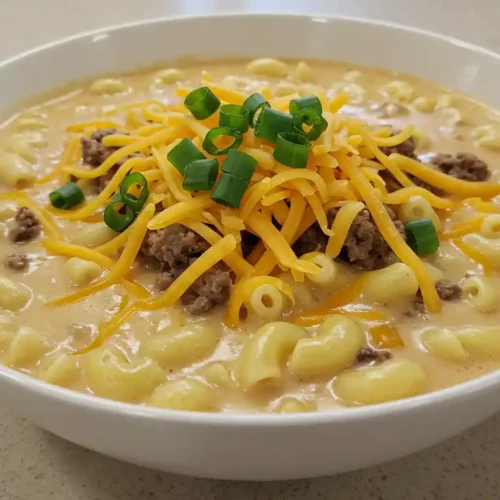 Creamy cheeseburger macaroni soup served in a white bowl on a clean kitchen countertop, garnished with green onions and cheese.