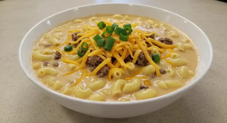 Creamy cheeseburger macaroni soup served in a white bowl on a clean kitchen countertop, garnished with green onions and cheese.