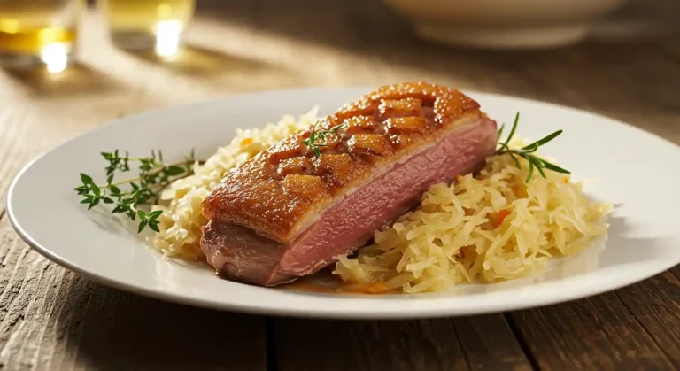 Duck breast with sauerkraut served on a rustic kitchen table.