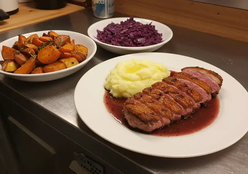 Plate of buttery mashed potatoes, braised red cabbage, and roasted root vegetables served on a kitchen table.