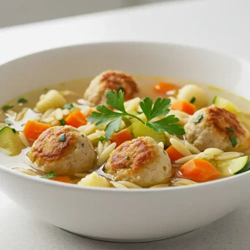 Homemade Chickarina Soup served in a bowl on a kitchen countertop.